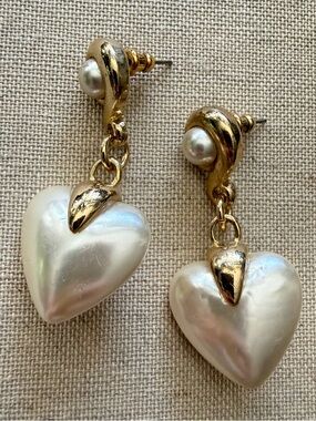 Gold-Tone Faux Pearl Heart Drop Earrings - White Pearl Hearts Stud Earrings